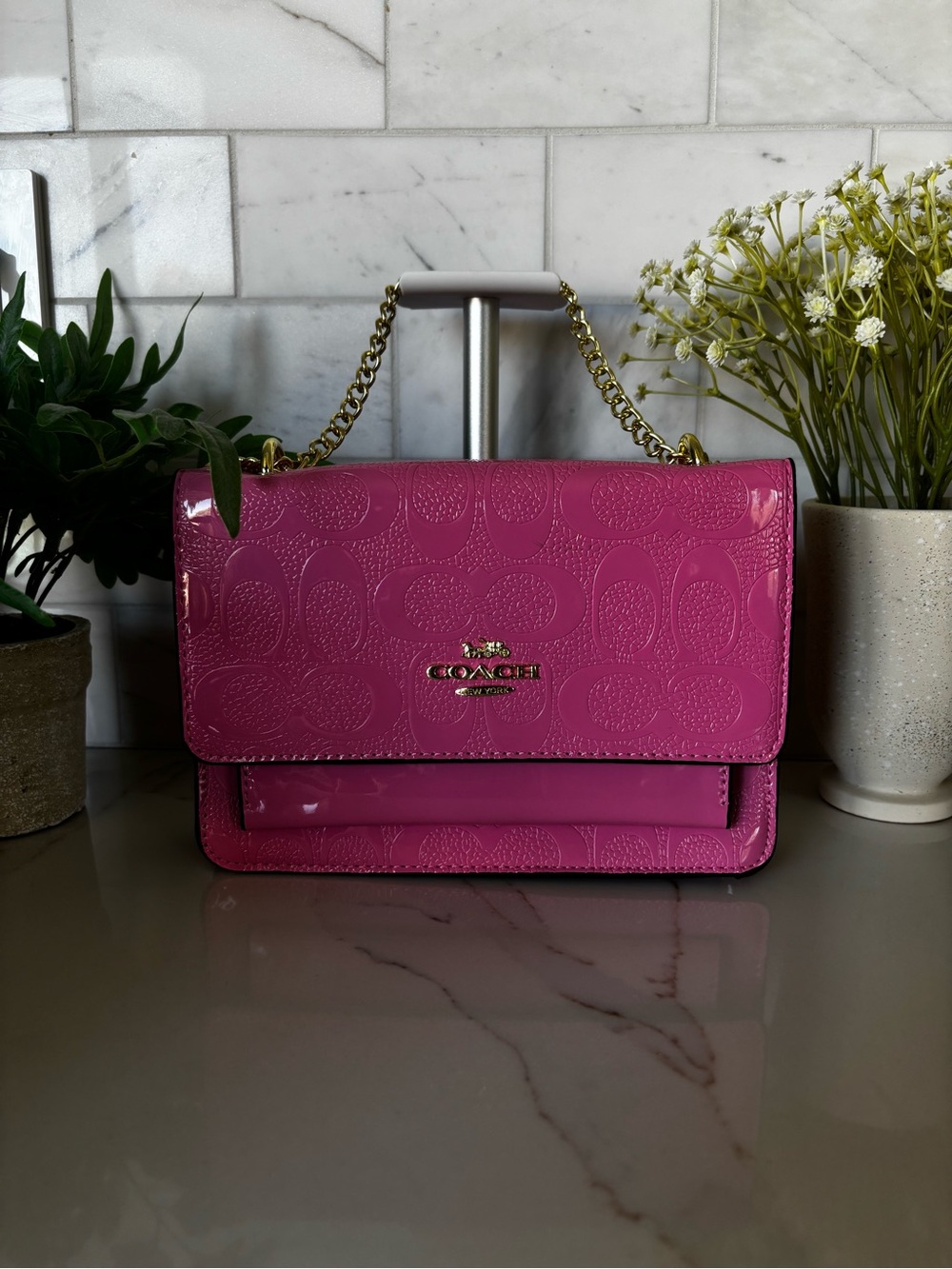 Coach Hot Pink Patent Signature Chain Crossbody Bag SEND OFFERS